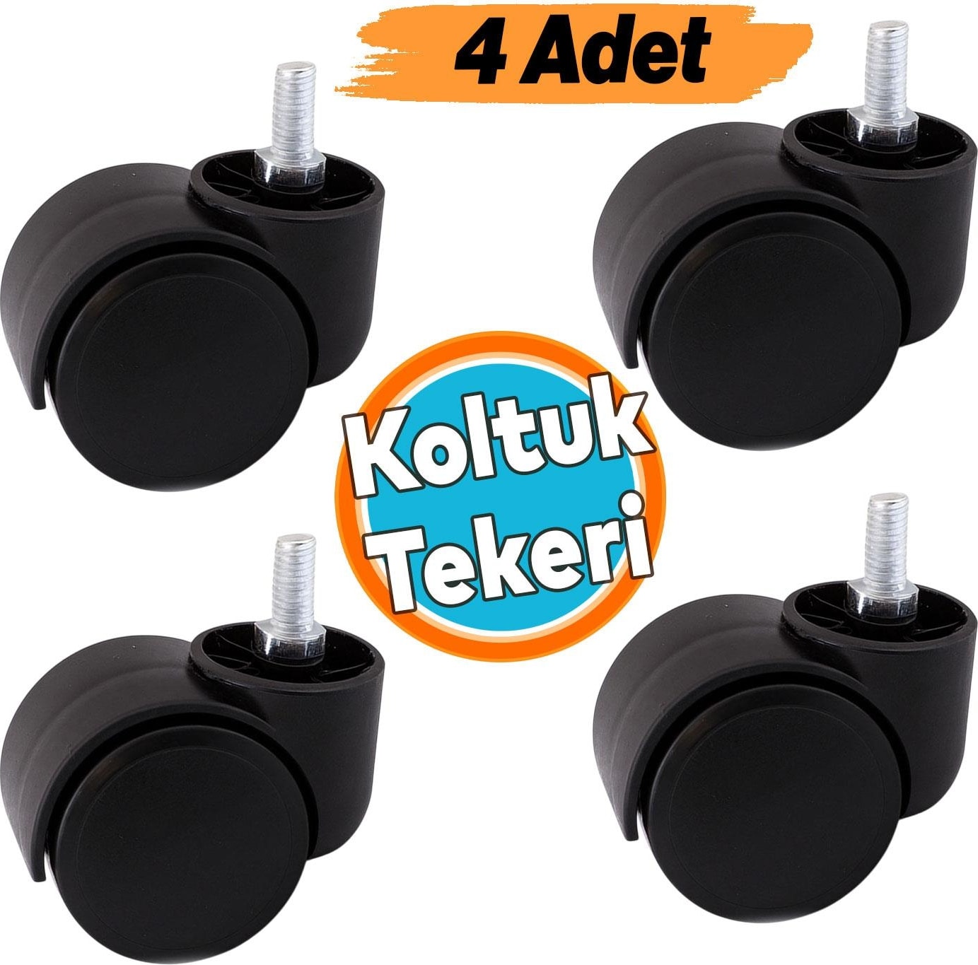 4 Adet Dönerli Koltuk Tekeri M8 Civatalı Siyah Renk Dayanıklı Plastik Mobilya Sandalye Ofis Tekerlek