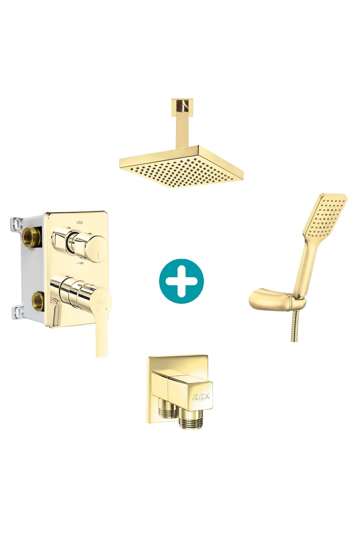 Luna Ankastre 2 Yollu Gömme Banyo Bataryası Altın Renkli Duş Seti Tüm Parçalar Dahil Tavandan