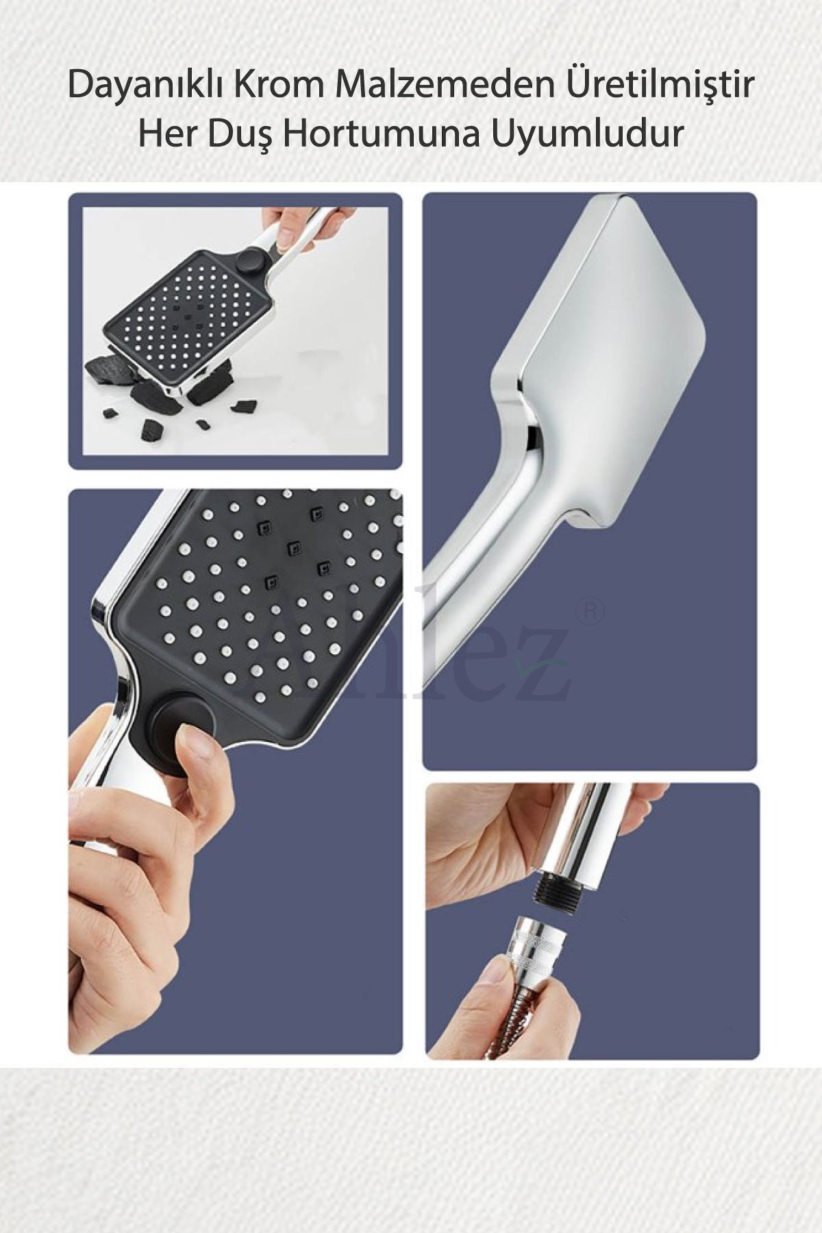 Aqua Kare 3 Fonksiyon Duş Başlığı , Askılıklı Siyah Yapışkanlı Mafsal ve Örgülü Duş Hortumu Duş Seti