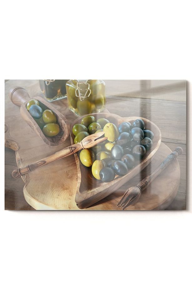 Siyah Ve Yeşil Zeytin | Mutfak Temalı Cam Tablo | 50x70 Cm