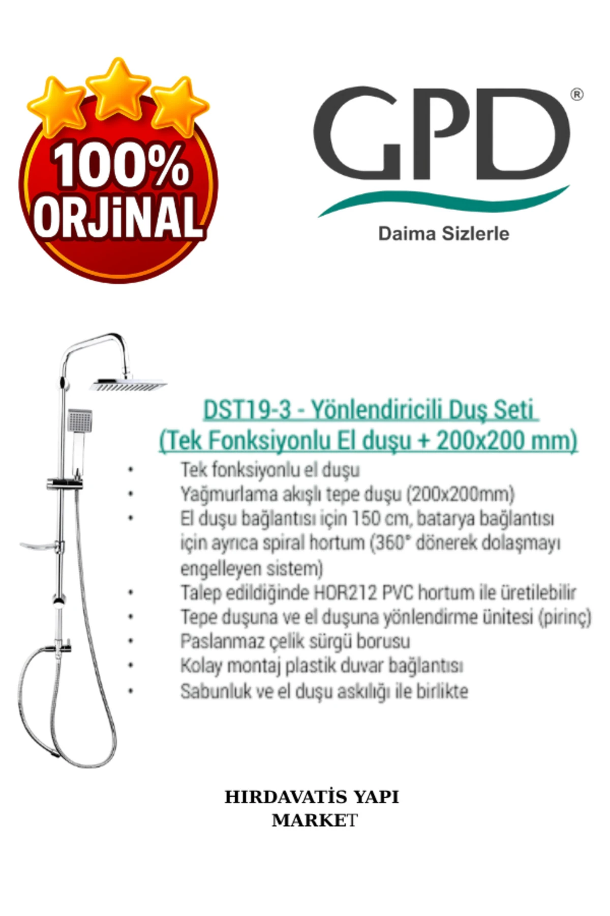 DST19-3 Yönlendiricili Duş Seti (Tek Fonksiyonlu El Duşu + 200X200)