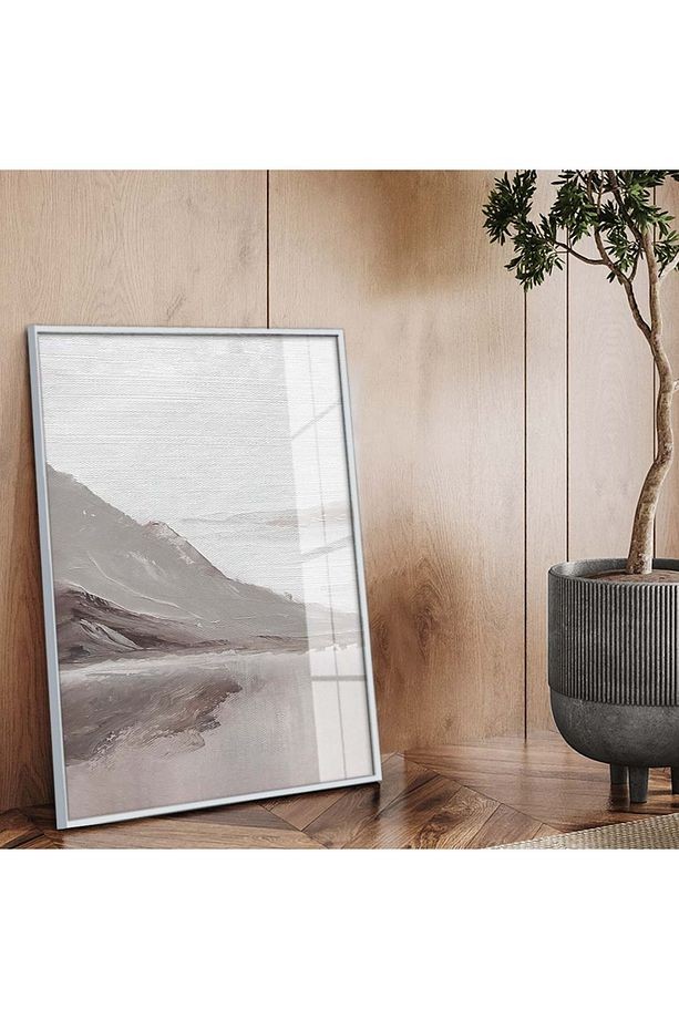 Gümüş Metal Çerçeveli Modern Çizim Dağ Tema Kırılmaz Cam Tablo