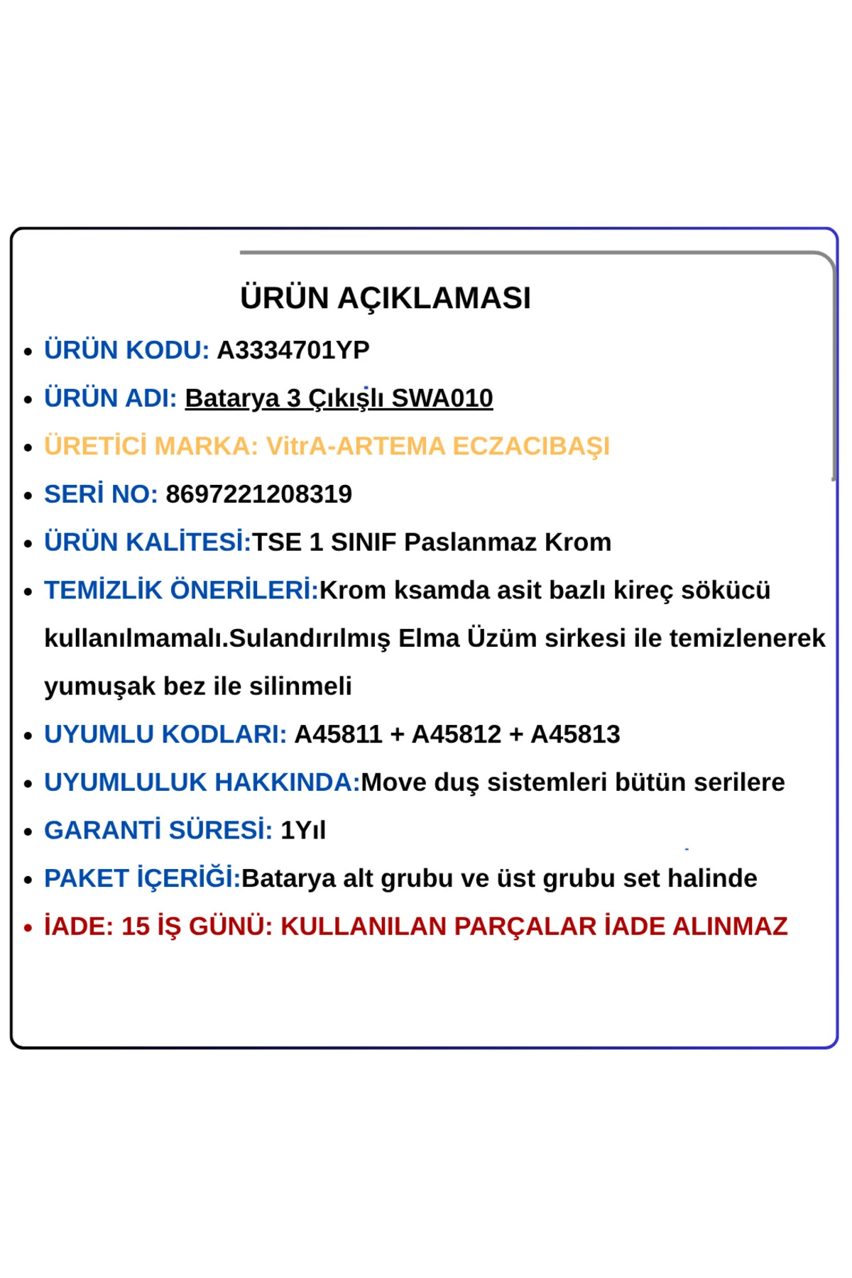 A3334701YP Batarya 3 Çıkışlı SWA010 (Move Duş sistemleri için)