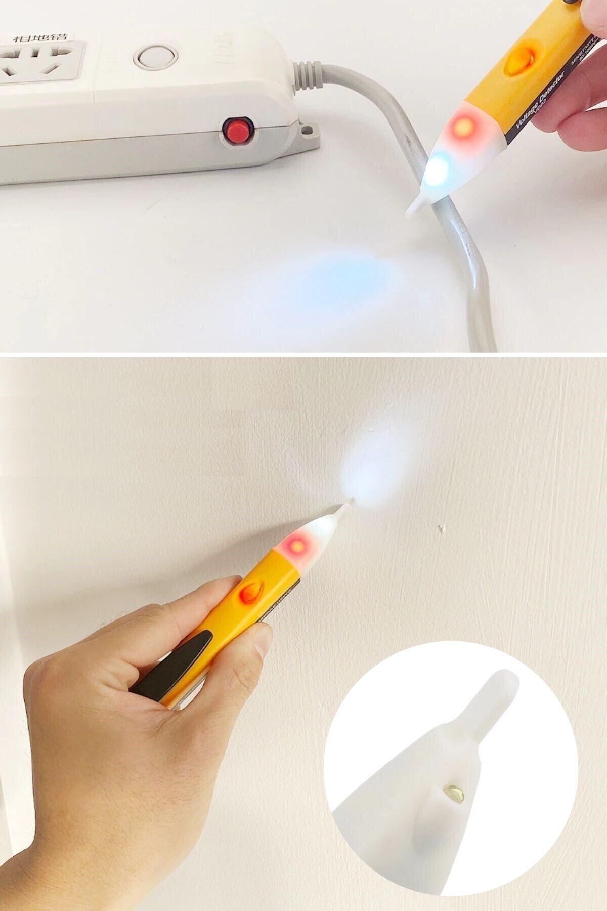 Dedektörlü Temassız Işıklı Kablo Voltaj Test Elektrik Kaçak Dijital Kontrol Kalemi Cihazı Pil Hediye