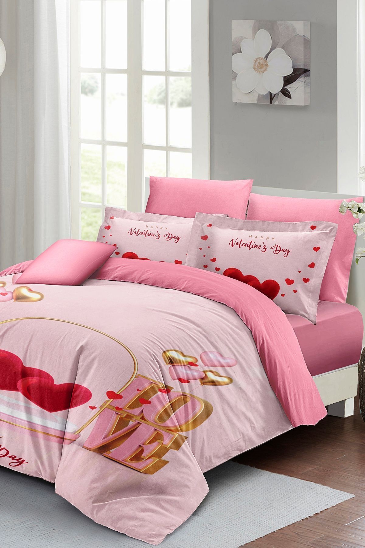 Sevgililer Günü Özel Çift Kişilik Nevresim Takımı Pamuk Saten Valentine's