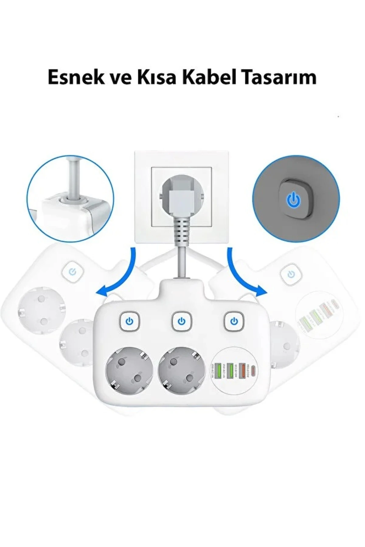 Akım Korumalı 2'li Ayrı Anahtarlı Priz, 2x Priz, 3x USB, 1x Type-C, 2 mt Kablo, Hızlı Şarj