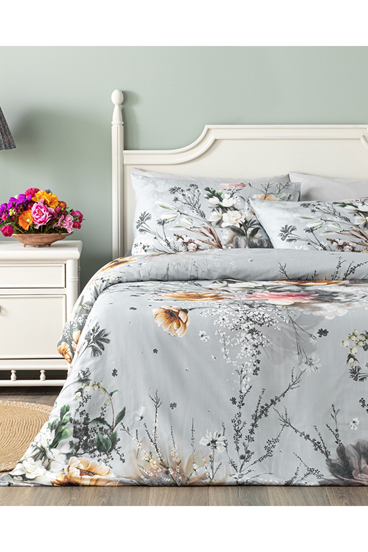 Flower Heaven Dijital Baskılı Soft Cotton Çift Kişilik Nevresim Takımı Gri