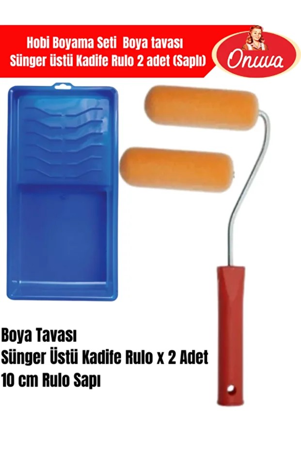 Hobi Boyama Seti | Boya tavası | Sünger üstü Kadife Rulo 2 adet (Saplı)