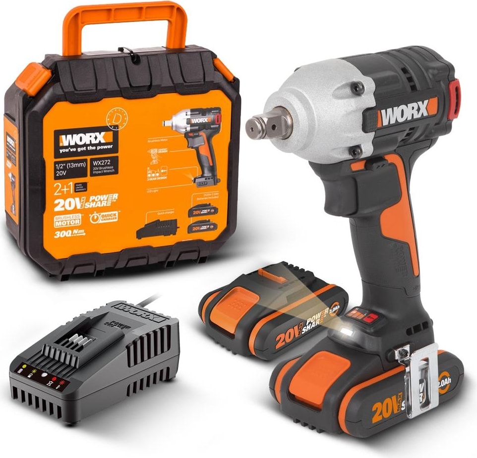 WX272 20VOLT/2.0AH Li-Ion Çift Akülü Şarjlı 300NM Kömürsüz Profesyonel Somun Sıkma