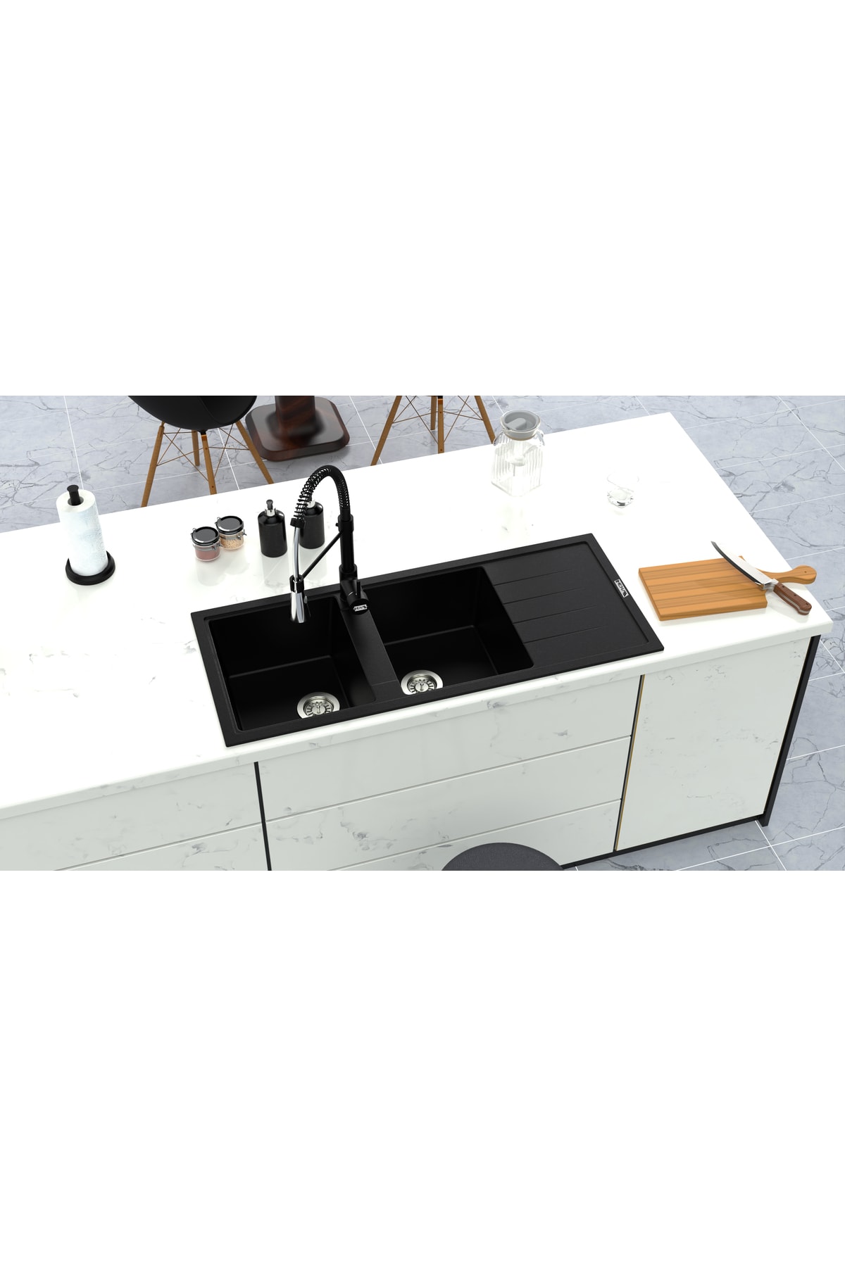 Granit Eviye 2 Gözlü SİYAH 116x50 Granit Evye Kuvars