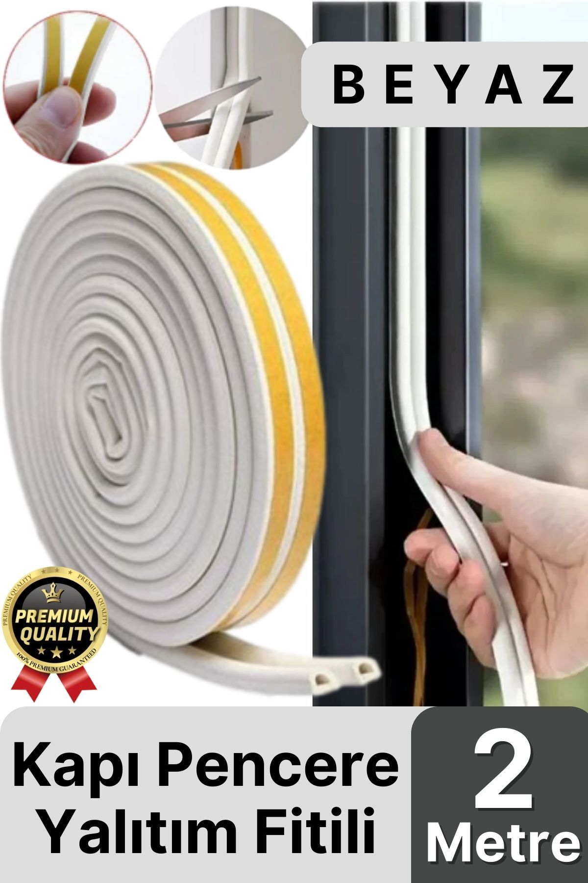 Güçlü Kendinden Yapışkanlı Kapı Pencere Soğuk Hava Geçirmez Yalıtım İzolasyon Beyaz Fitil 2 Metre