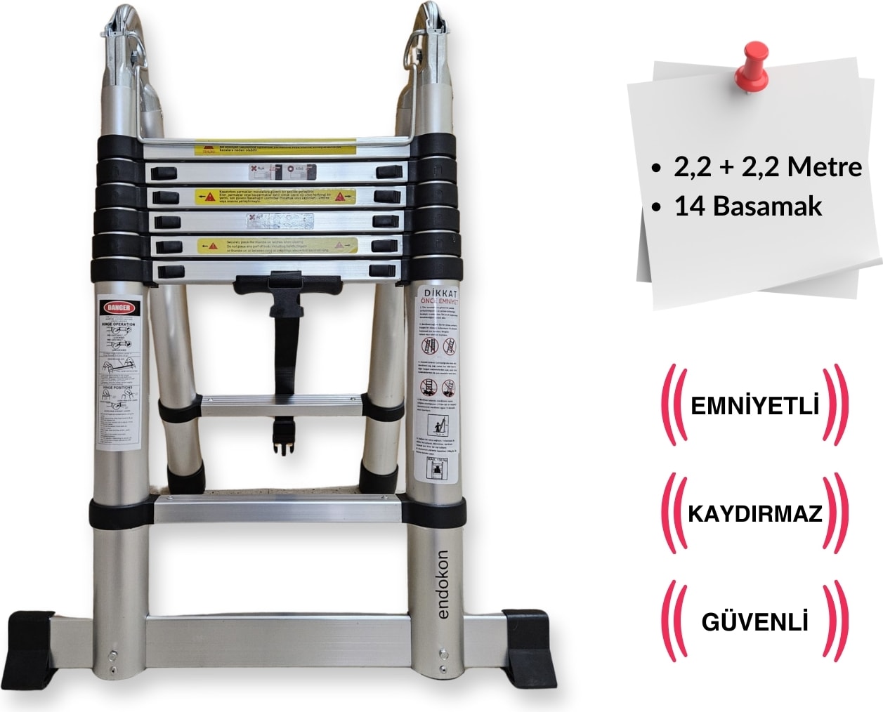 220 + 220 Cm. - 7+7 Basamaklı Teleskobik / Teleskopik Alüminyum A Tipi Merdiven