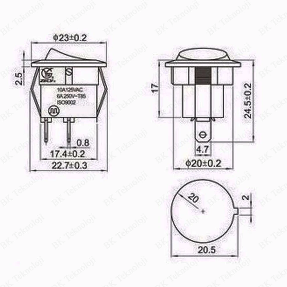 20MM Yuvarlak 2 Pin On/off Işıksız Power Anahtar 2 Adet