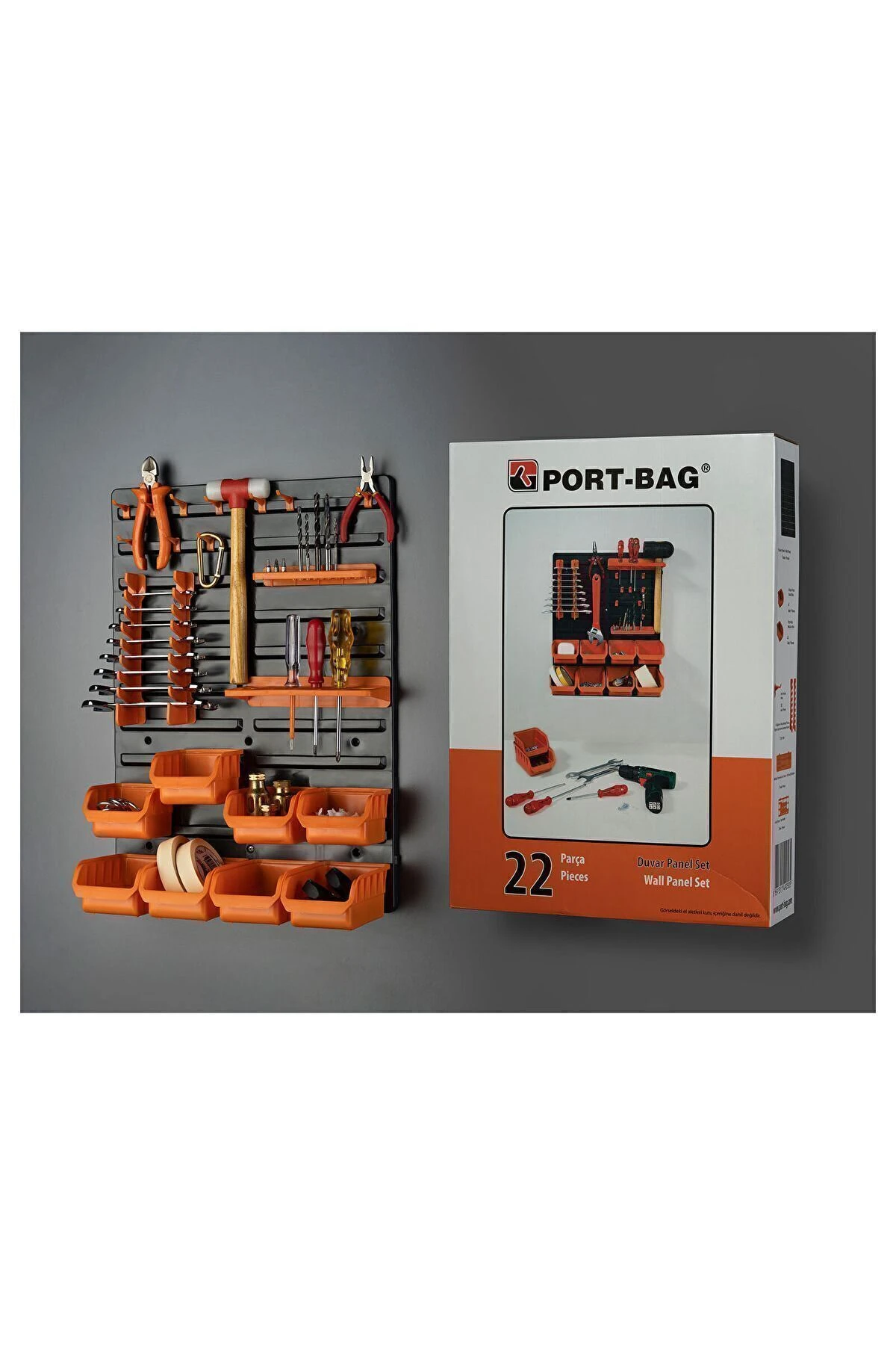 -bag 22 Parça Duvar Panel Seti Malzeme Askısı Tornavıda Pense Vida Asma Paneli Duvar Dolap