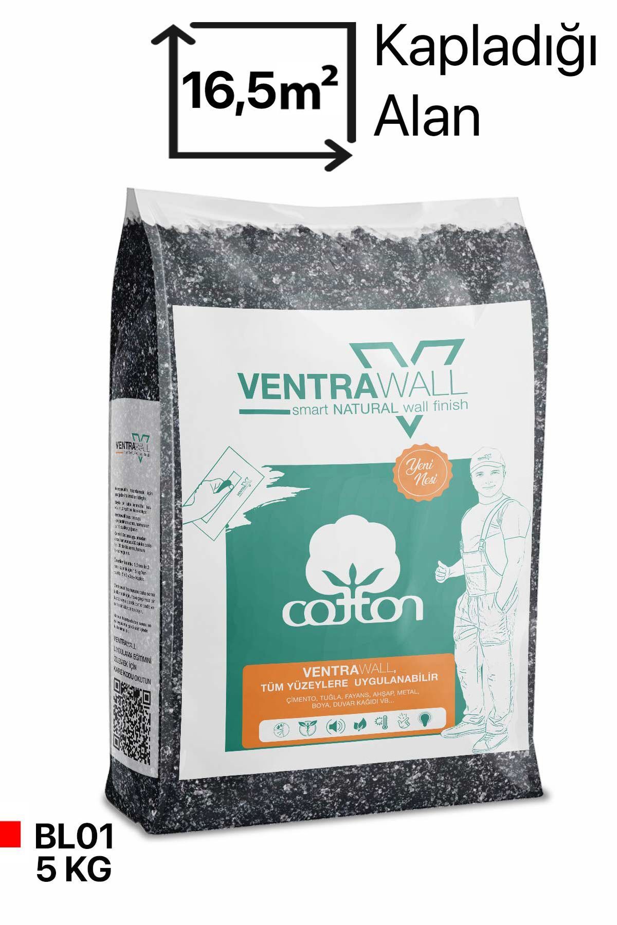 OZKUVVET Ipek Sıva - Canlı Sıva - Pamuk Sıva - Yalıtımlı Sıva | Siyah | Bl01 - 5kg |16,5m²