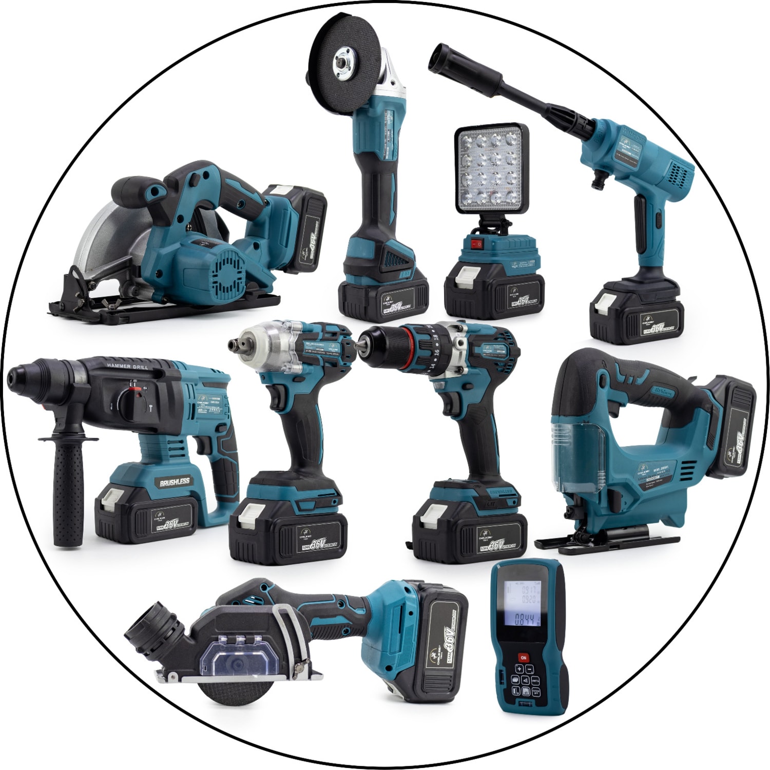 Onlu Set (Led Işık + Kırıcı Delici Matkap+Avuç Taşlama+Somun Sıkma+Vidalama+Sunta Kesme+Dekupaj+Lazer Metre+Oto Yıkama+Çok Fonksiyonlu Avuç Taşlama)