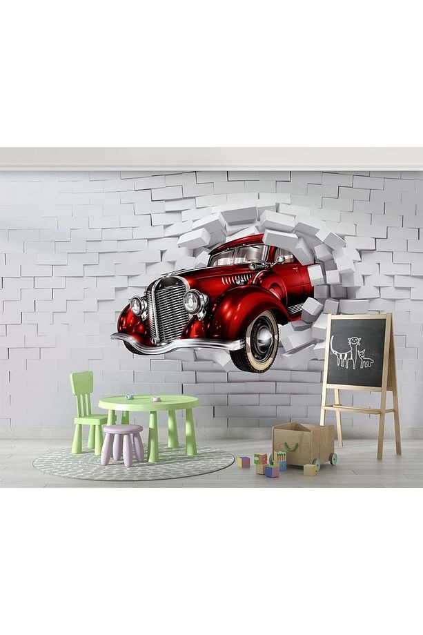 3D Boyutlu Duvardan Çıkan Kırmızı Araba Duvar Kağıdı