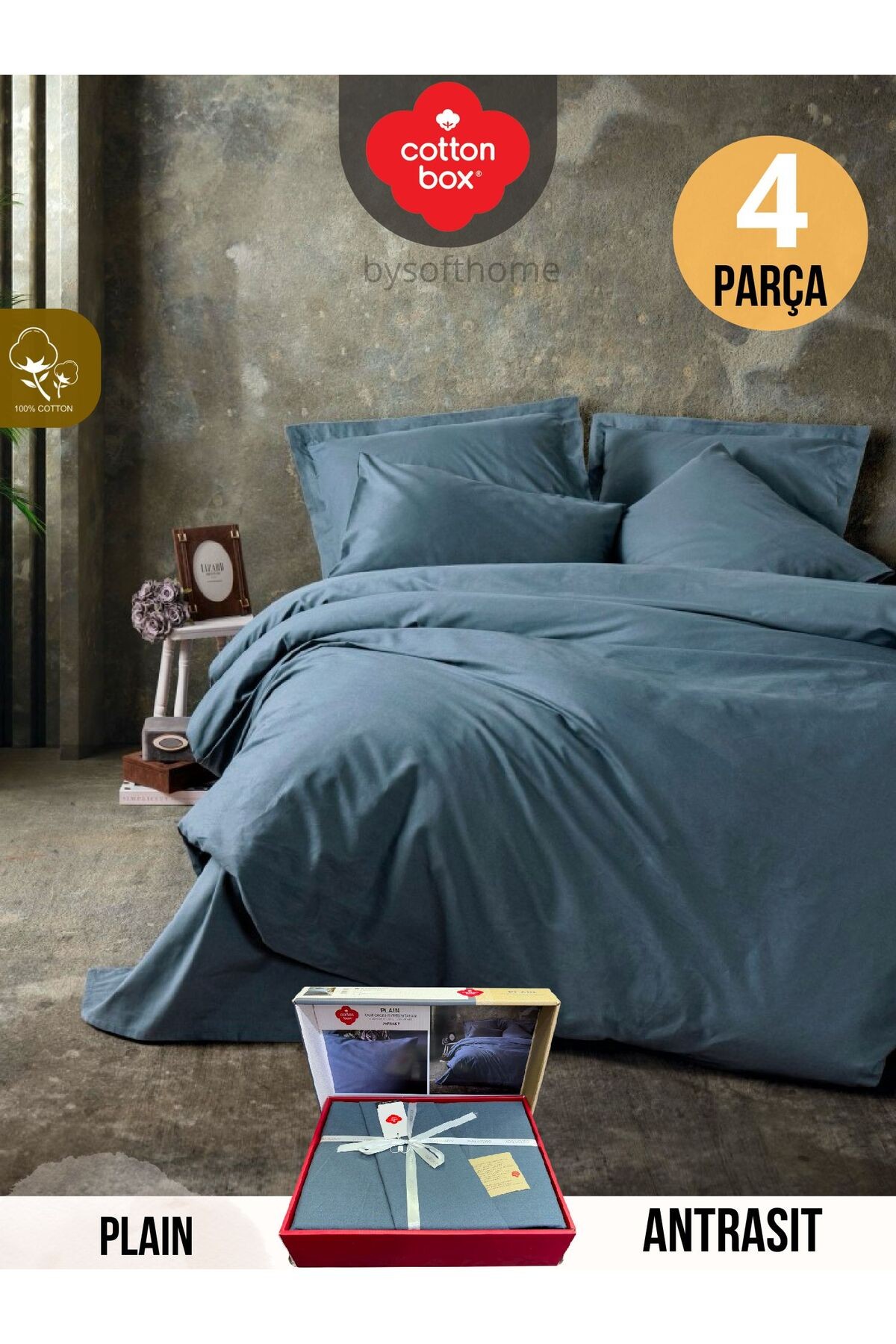 PLAIN ANTRASIT Ranforce Çift Kişilik Nevresim Takımı %100 Pamuk