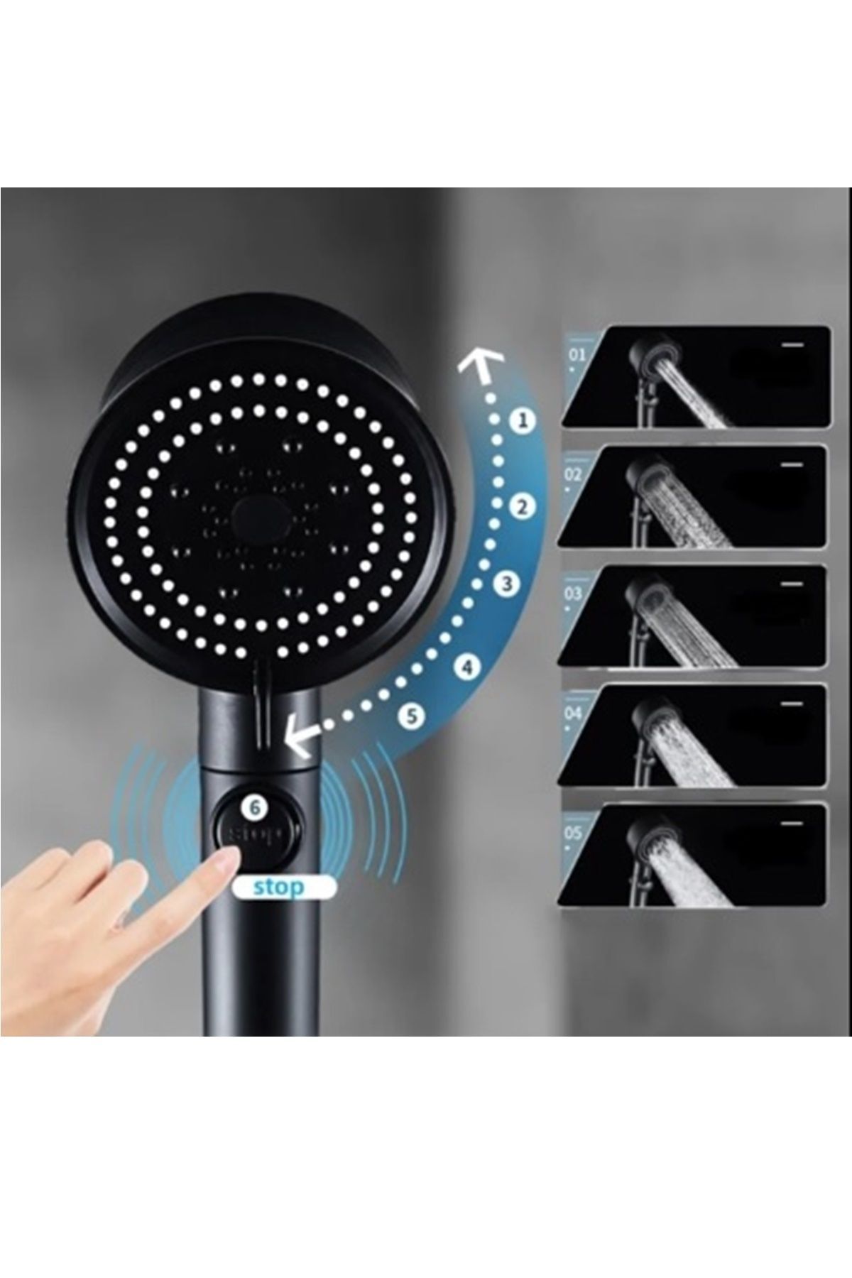 Turbo Pervaneli 5 Fonksiyonlu Duş Başlığı Ve Siyah Duş Hortumu 150 Cm Set