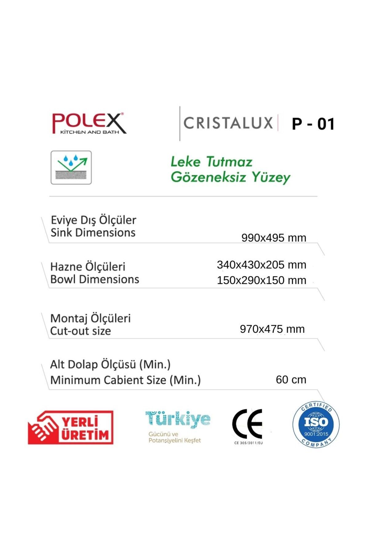 Cristalüx Granit Evye P01 Bej 1,5 Gözlü Tezgah Altı Ve Tezgah Üstü Mutfak Evyesi 99x49,5cm