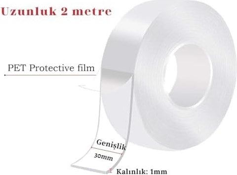 OZKUVVET 2 Metre Su Sızdırmaz Çift Taraflı Şeffaf Bant LTS-BND06 (Uzunluk 2m, GENIŞLIK:30MM, Kalınlık:1mm) Ekstra Güçlü Yıkanabilir Ince Nano Bant, Halı, Ev, Mutfak, Banyo, Araba Veya Ofis