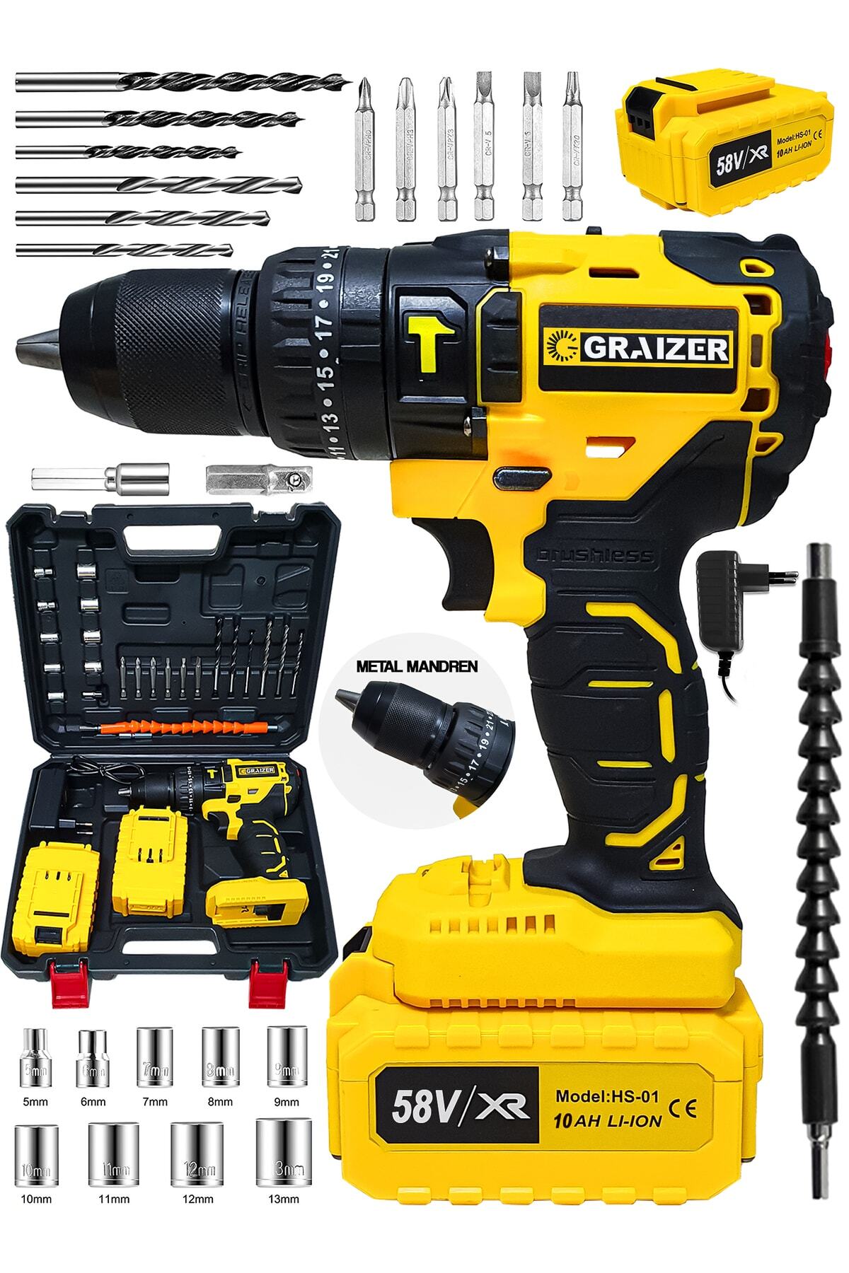 Alman 58 V 10 Ah 13 Mm Metal Mandren Darbeli Çift Akülü Vidalama Matkap 27 Parça Pro Set Sari