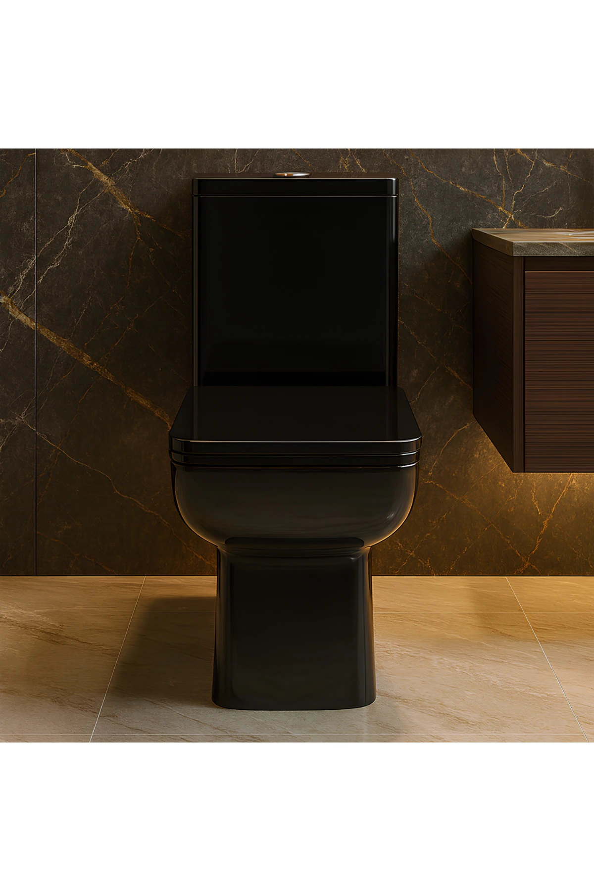 Power Siyah Duvara Sıfır Klozet Takım POW.K022B, Power Siyah Duroplast Yavaş Kapak