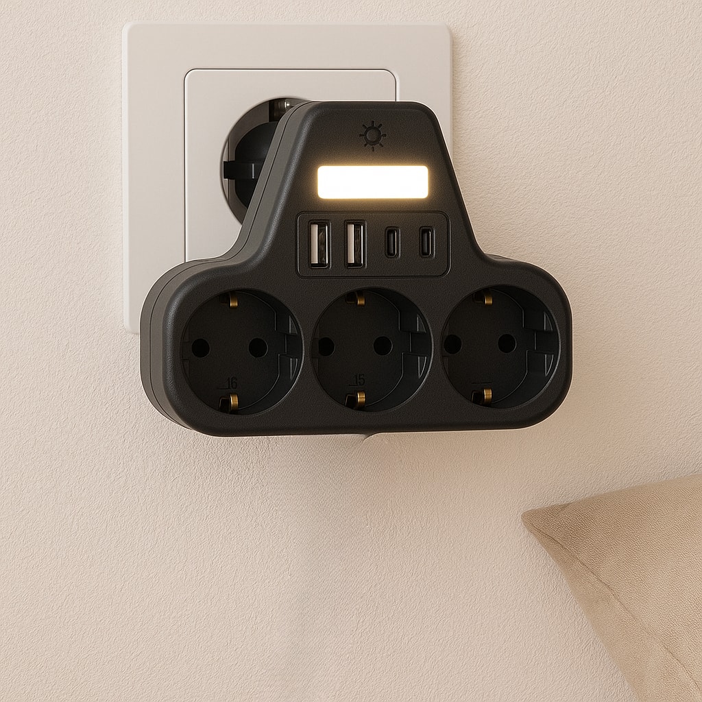 3’lü Duvar Tipi Akım Korumalı Priz | 2 Usb-A + 2 Type-C Girişli | LED Gece Lambalı Akıllı Çoklu Priz