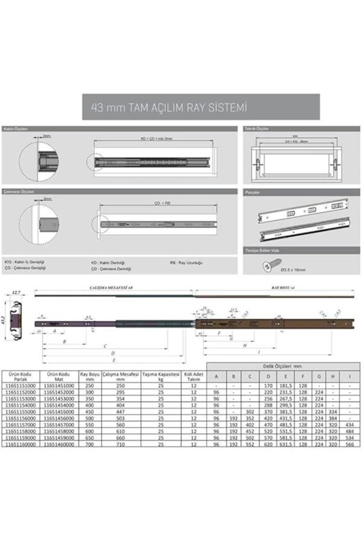 Galvanizli Teleskopik Çekmece Rayı 35x350