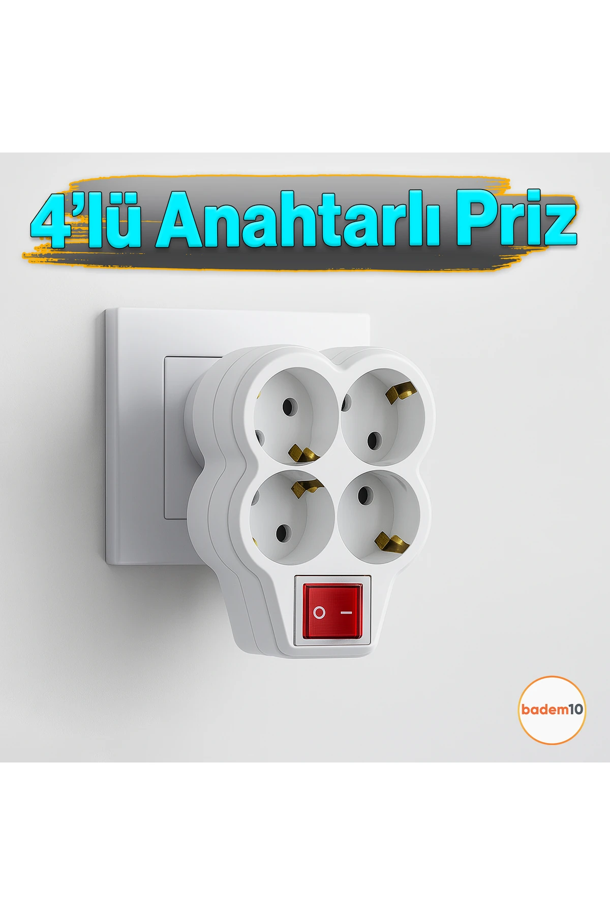 4'lü Beyaz Grup Priz Golyat Düğmeli Fiş Kablosuz Açma Kapamalı Anahtarlı Topraklı Çoklu Çoğaltıcı