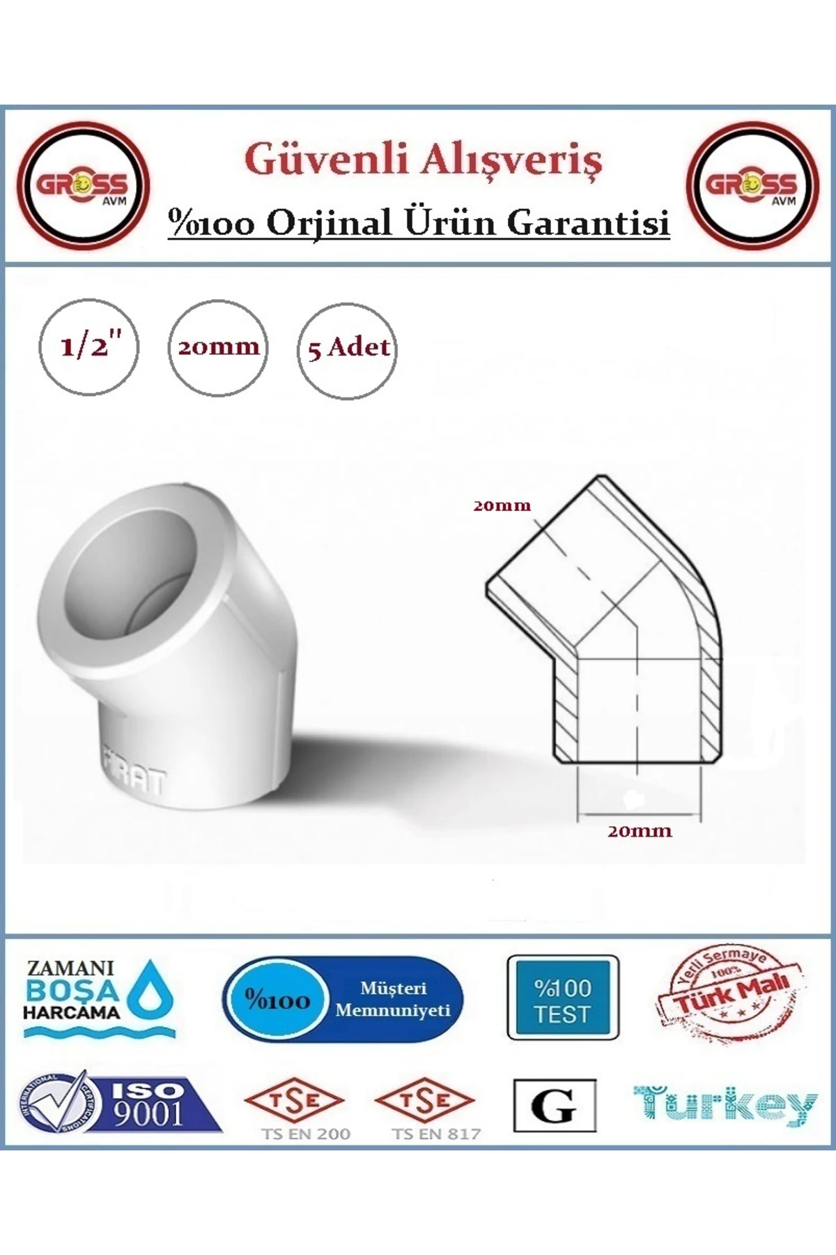 PPRC 45 Derece Dirsek - 20mm - 5 Adet