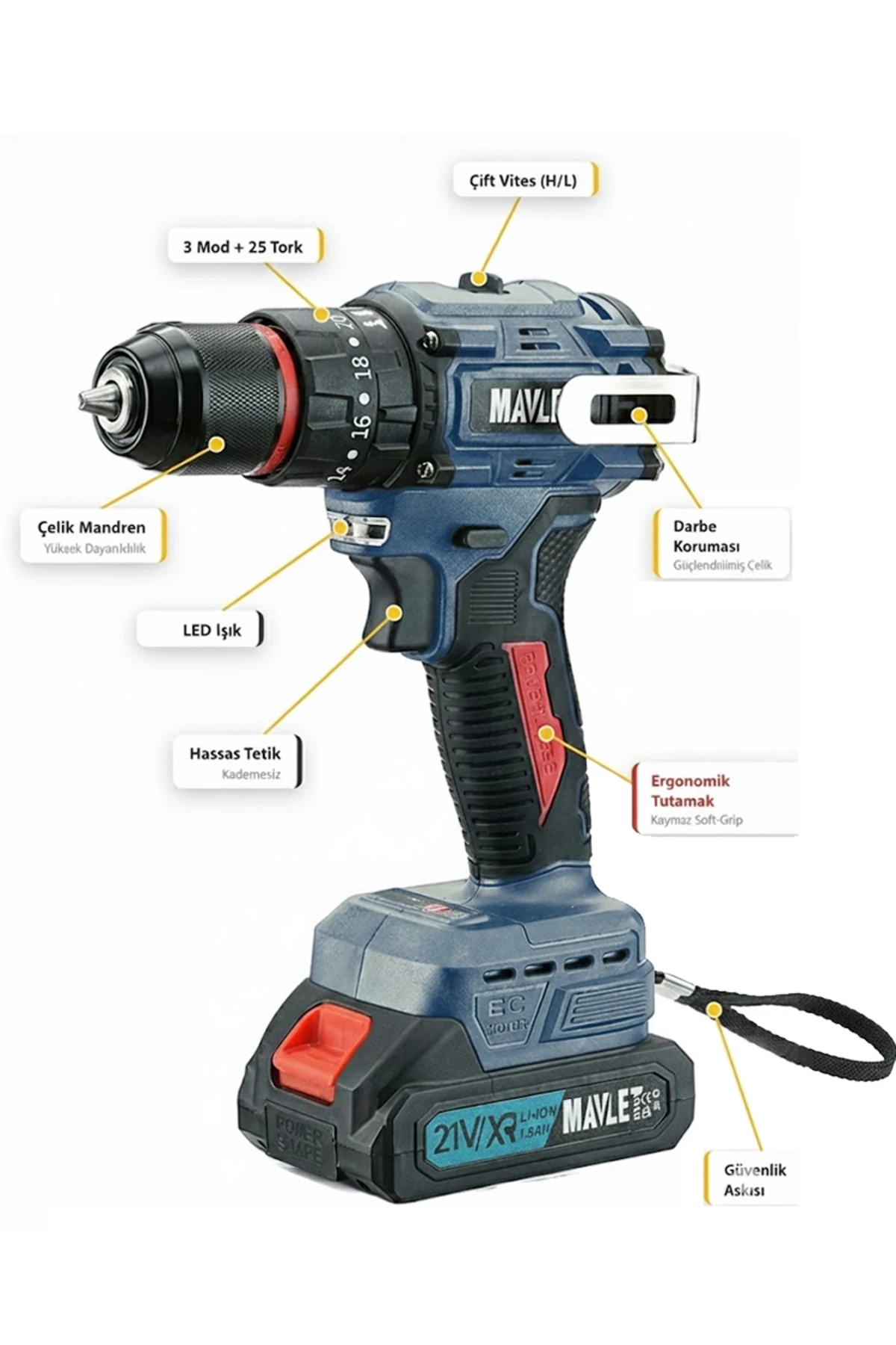 21V Bakır Sargı Kömürsüz Motor Çelik Mandren Darbeli Şarjlı Matkap Akülü Vidalama Uç Setli - Mavi