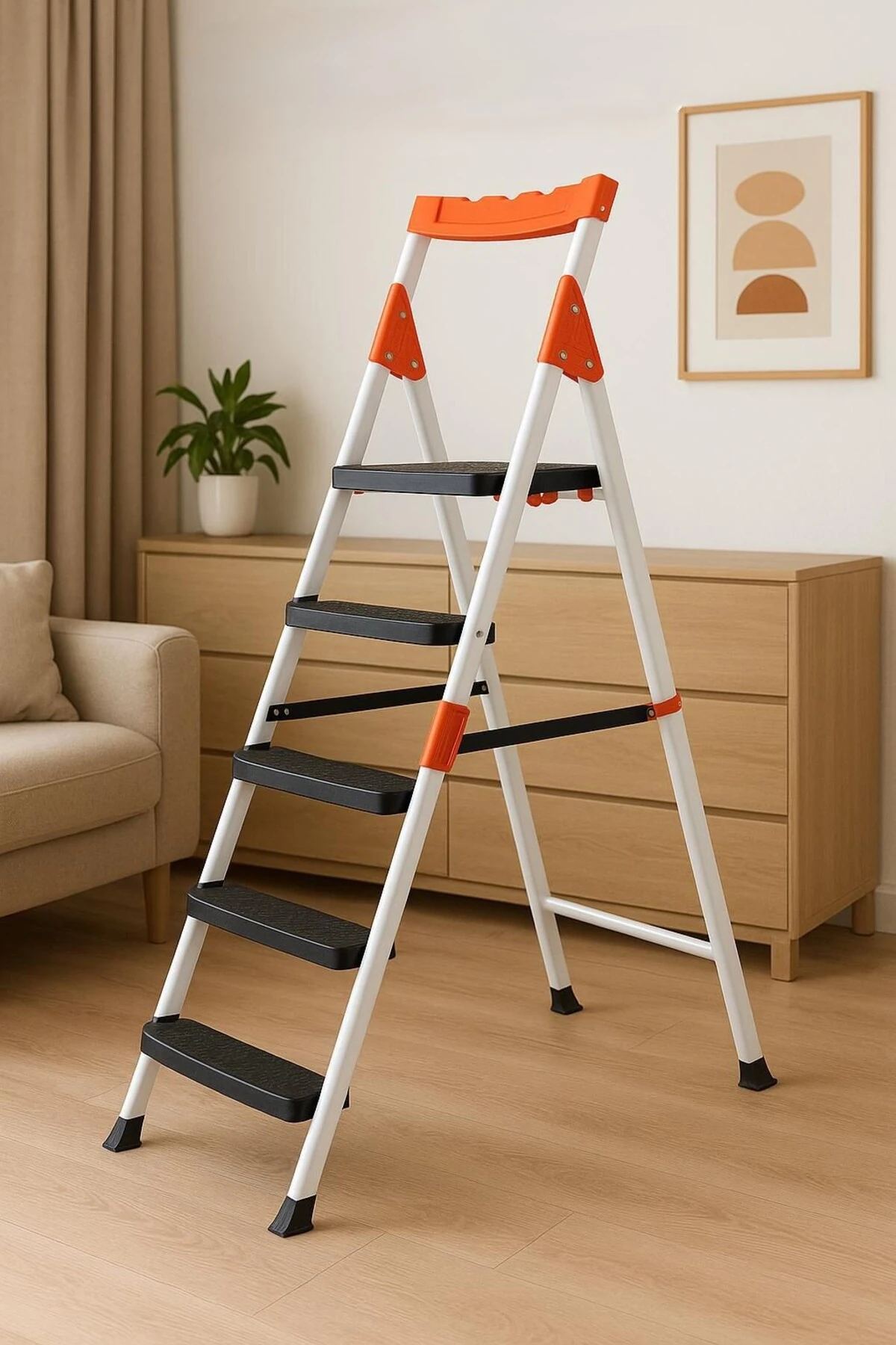 Dayanıklı Metal Merdiven 4+1 Beyaz Geniş Basamaklı Ev Ve Iş Merdiven