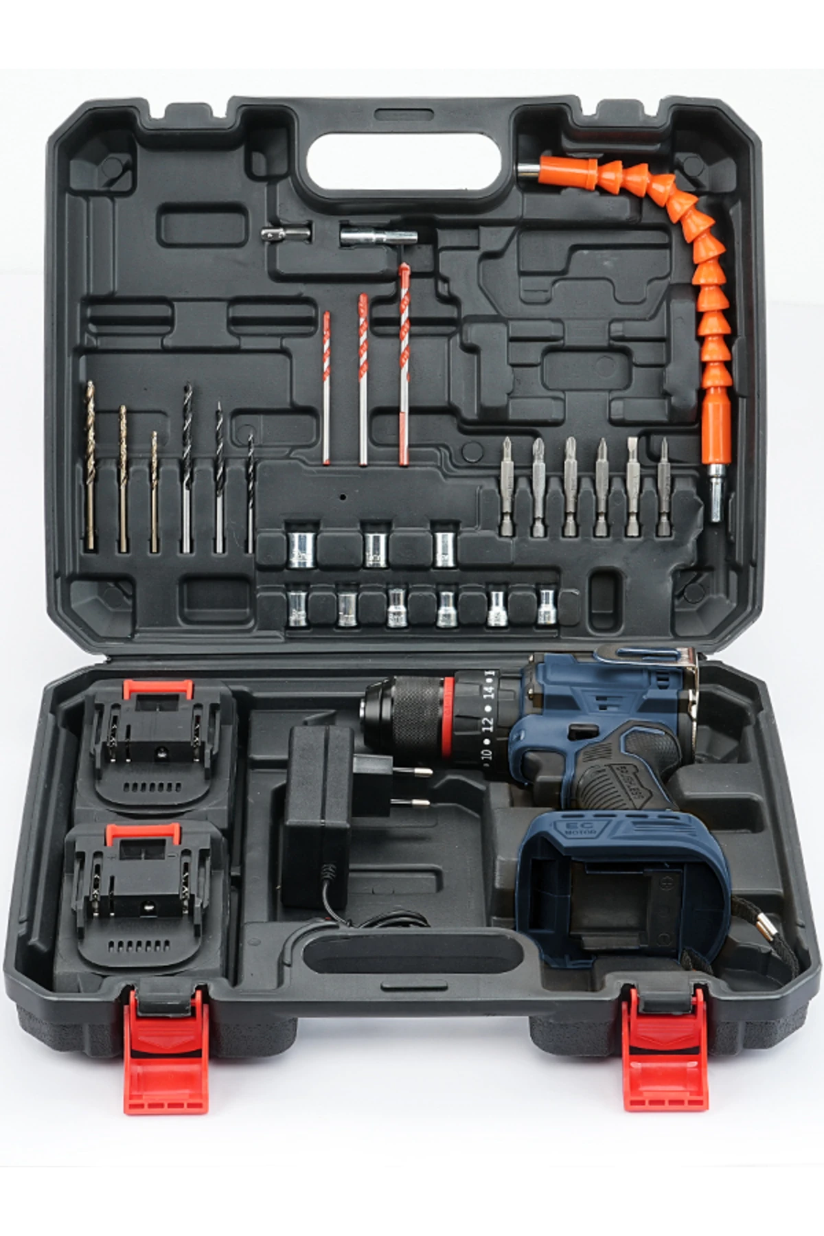 21V Bakır Sargı Kömürsüz Motor Çelik Mandren Darbeli Şarjlı Matkap Akülü Vidalama Uç Setli - Mavi