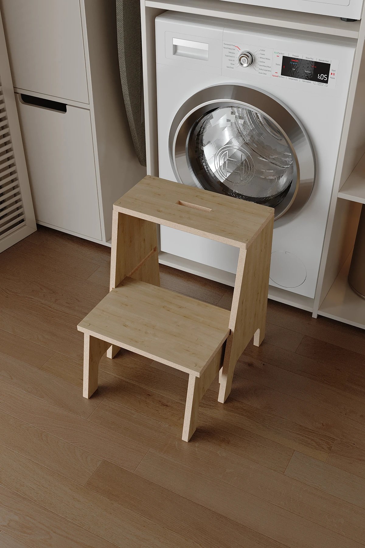 İki Basamaklı Merdiven Tabure Kayar Basamaklı Yer Kaplamayan Sağlam Merdiven MDF LAM Safir Meşe