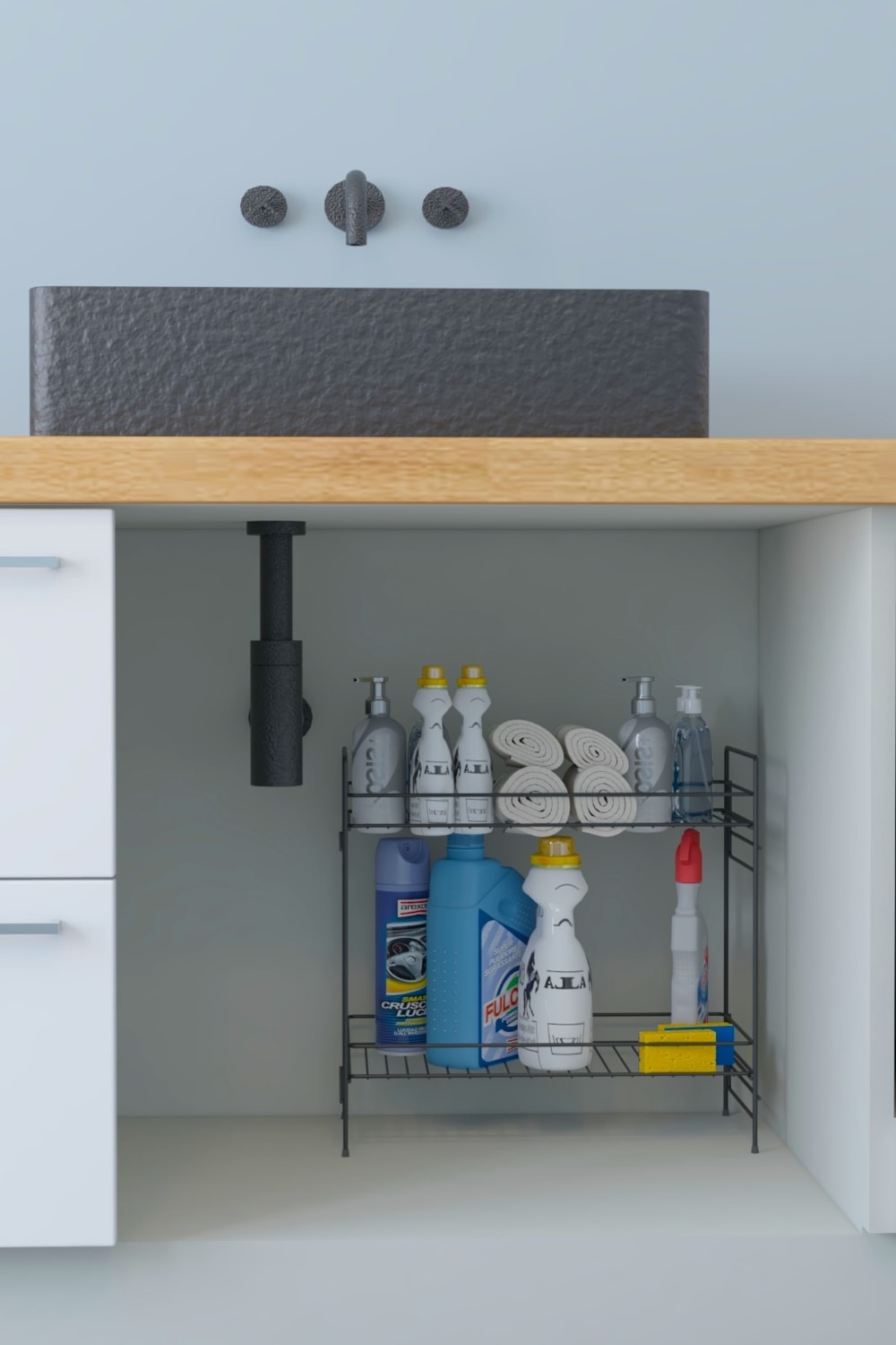 2 Katlı Evye Tezgah Altı Raf Banyo Mutfak Dolabı Çok Amaçlı Düzenleyici Deterjanlık Organizer 20X40