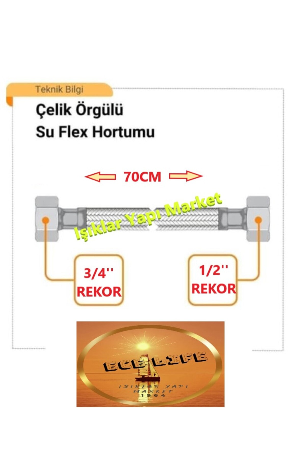 Flex Spiral Boru -Paslanmaz -Kalın -Çelik Tel örgü -Temiz Su Hortumu 3/4 - 1/2 -70cm