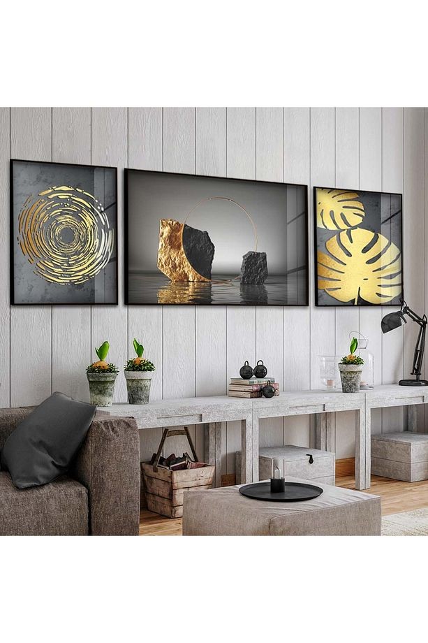 Siyah Metal Çerçeveli Altın Desen Modern Üçlü Kırılmaz Cam Tablo Seti
