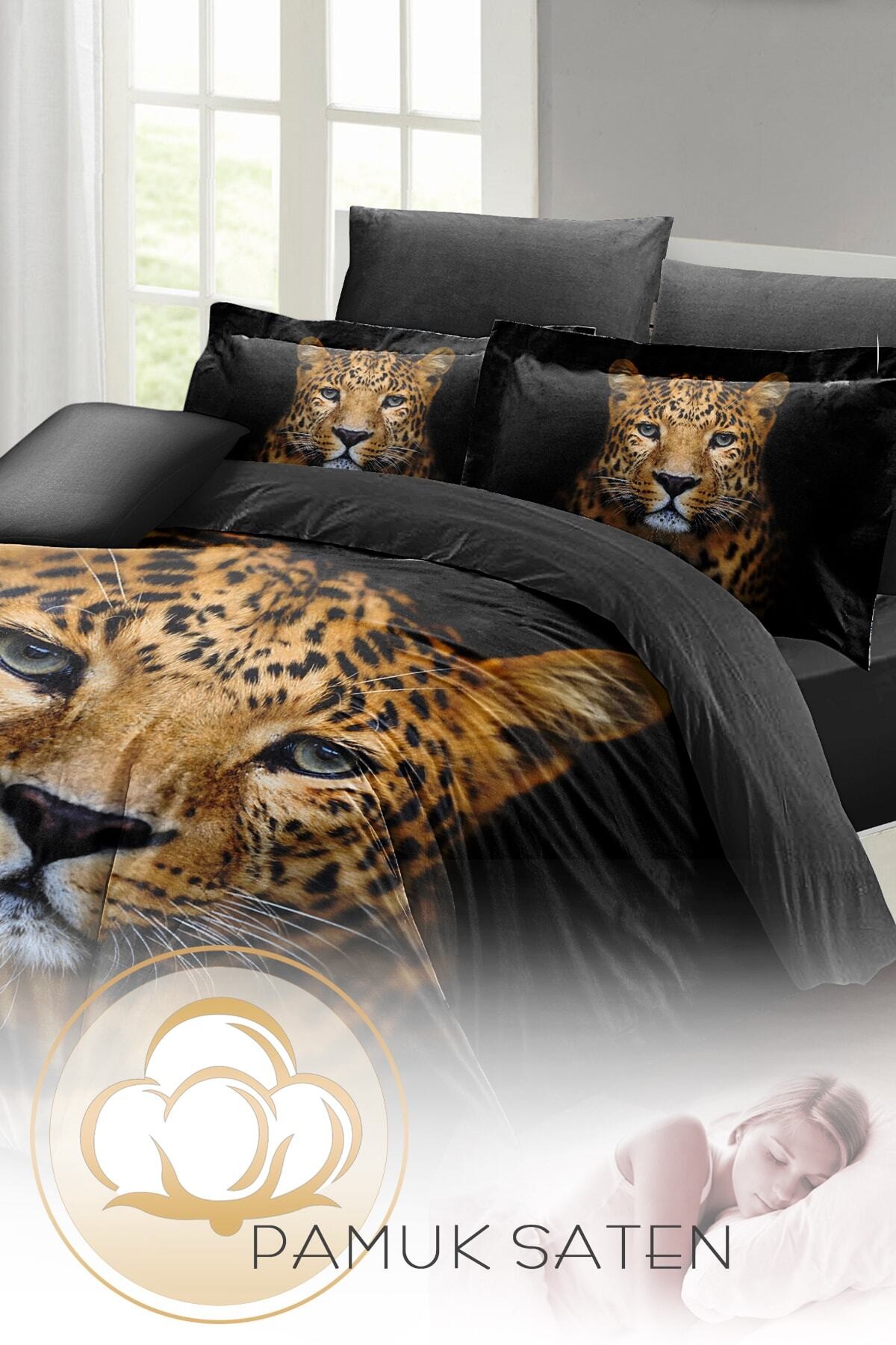 Kıng Sıze Leopar Çift Kişilik Nevresim Takımı %100 Pamuk Saten 3d Özel Tasarım 220x240cm