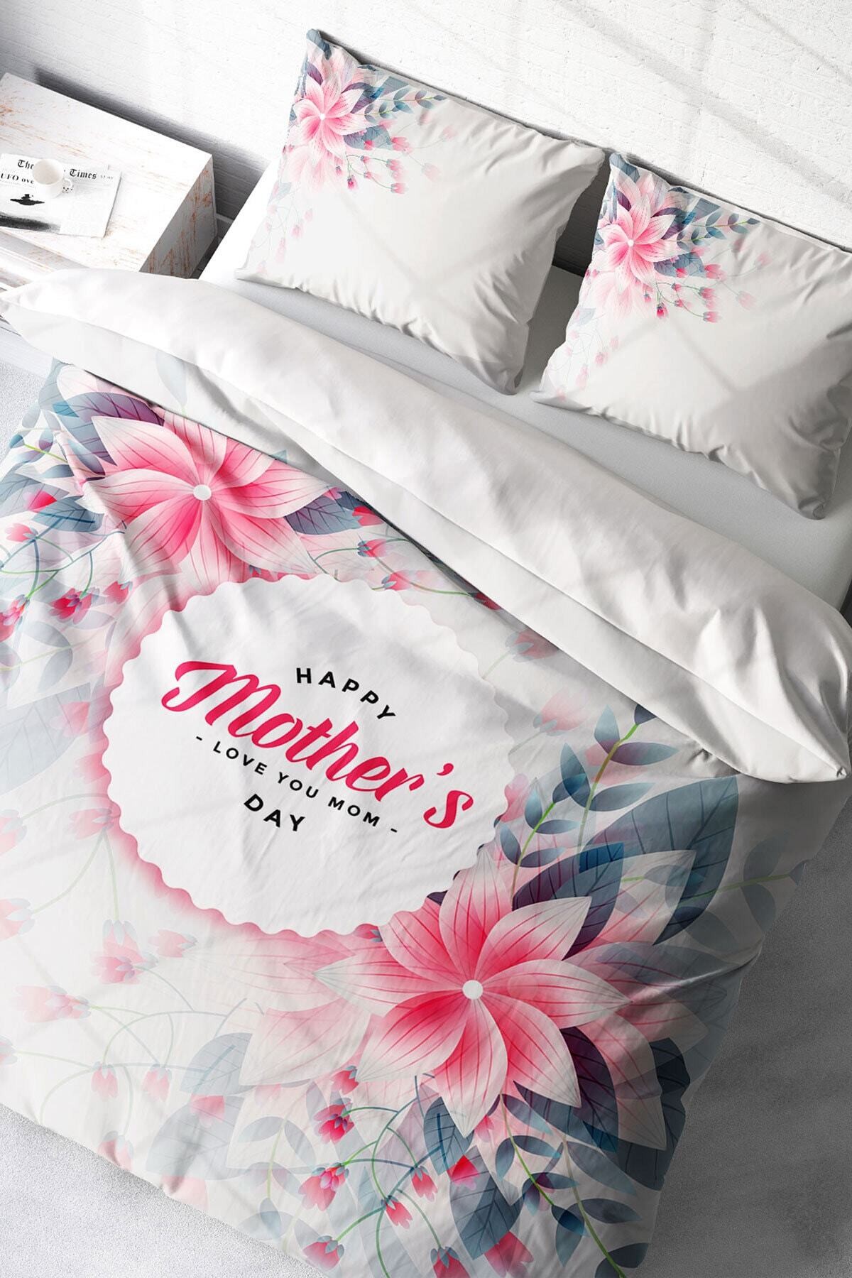 Kıng Sıze Anneler Günü Çift Kişilik Nevresim Takımı %100 Pamuk Saten Love You Mom 220x240cm