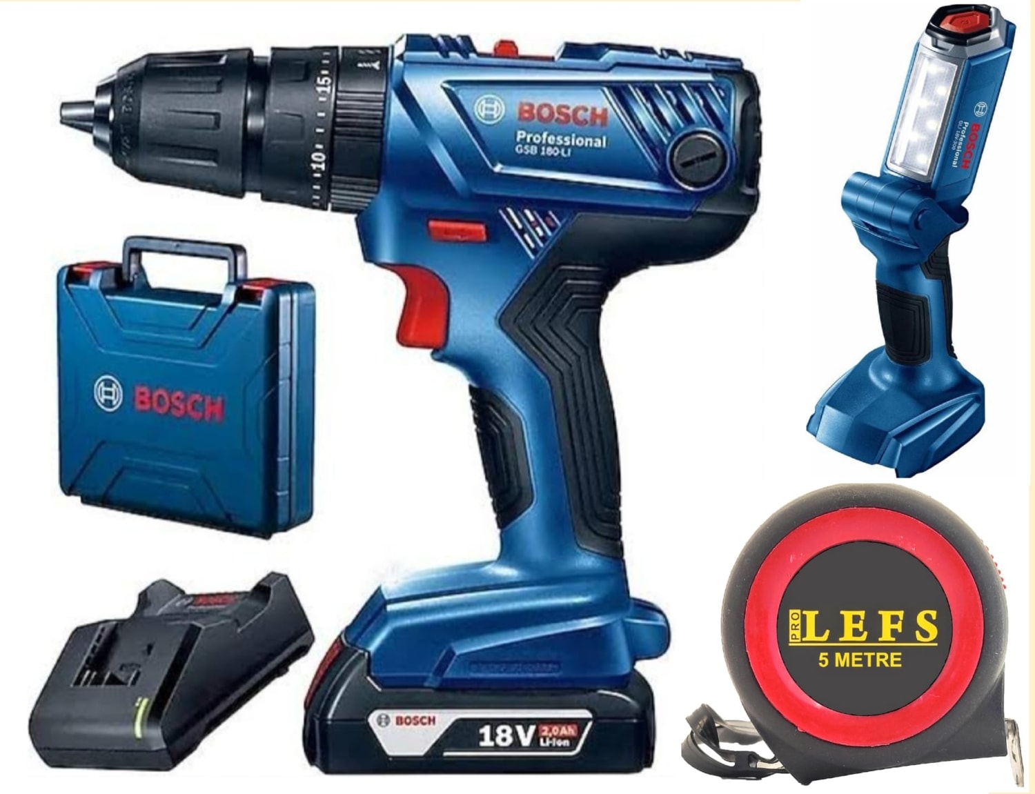 BOSCH Gsb 180 Li Tek Akülü Darbeli Matkap Vidalama ve  Glı 18 V-300 Şarlı El Feneri