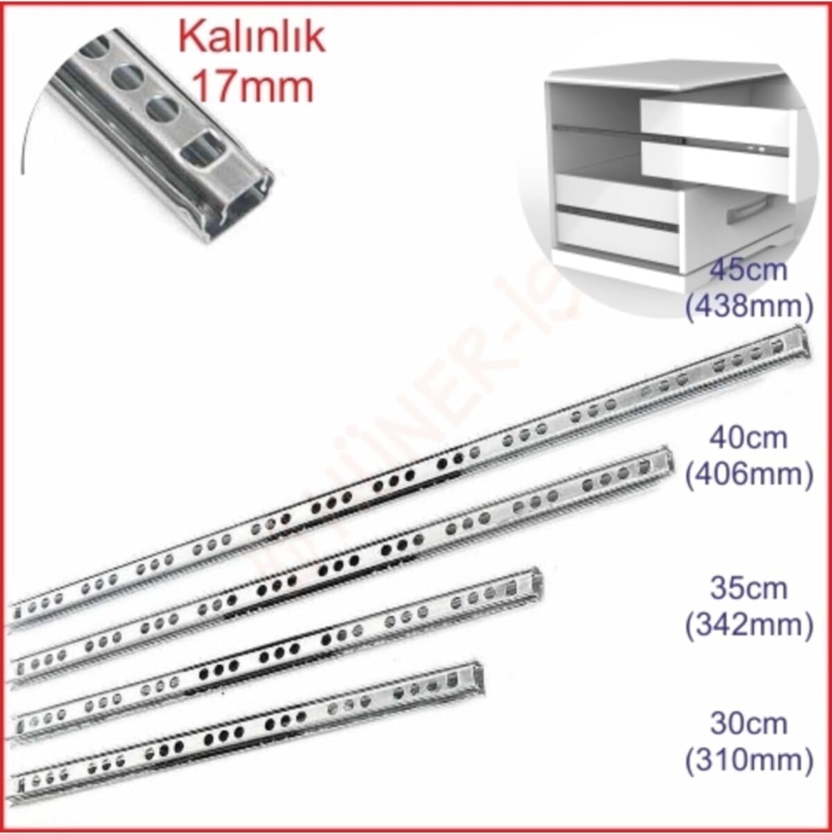 Metal Bilyalı Çekmece Rayı 17mm x 35cm Tek Açılım - Dayanıklı Mekanizma ile