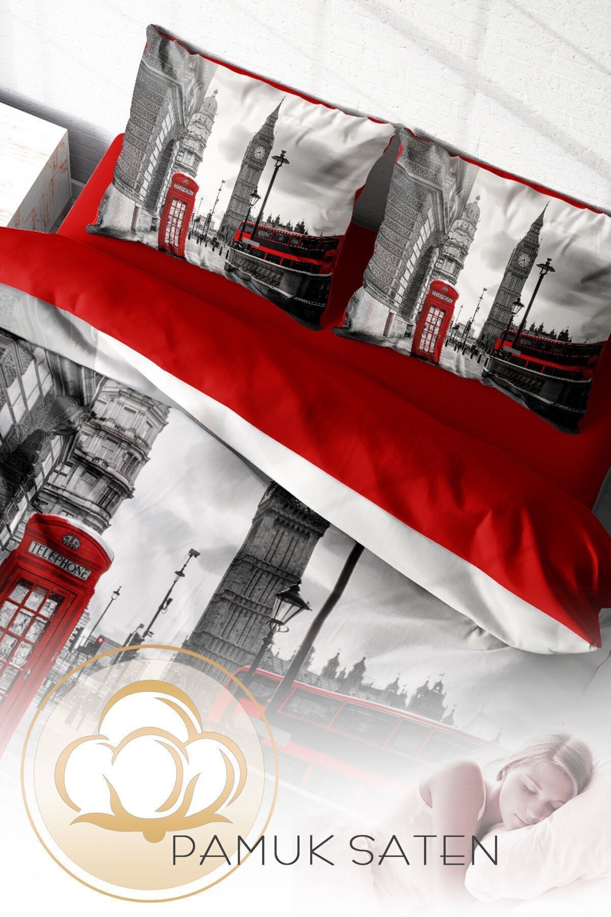 Lastikli Çarşaflı %100 Pamuk Saten Çift Kişilik Nevresim Takımı London