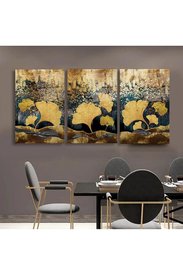3 PARÇA GOLD ALTIN YAPRAKLAR SET TABLO KIRILMAZ CAM TABLO EV HEDİYESİ İŞ YERİ HEDİYESİ