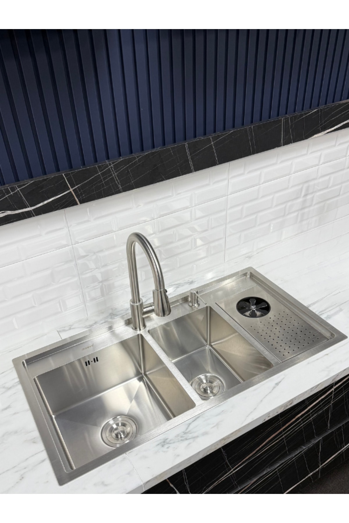 Moderno Double Paslanmaz Çelik Bardak Yıkamalı 2 Göz Akıllı Mutfak Evyesi INOKS Renk 96x50cm