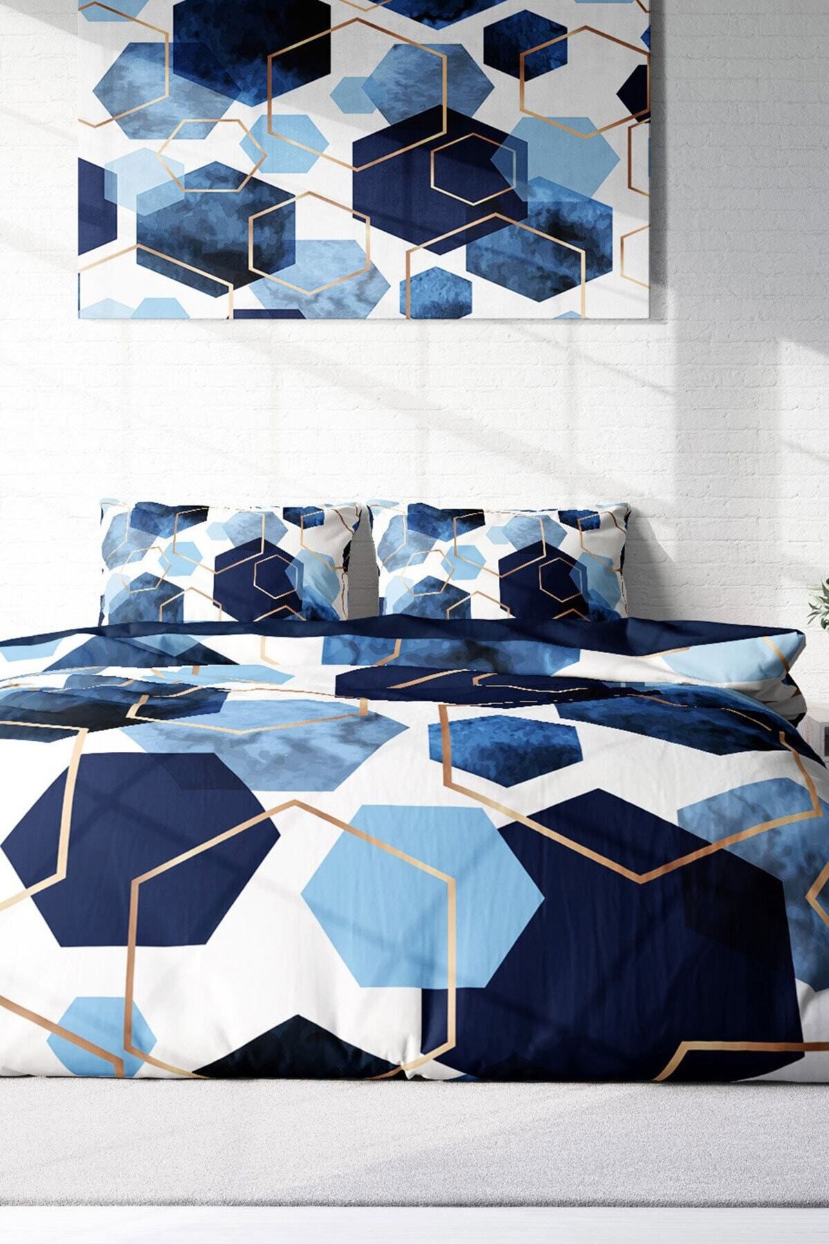 Kıng Sıze Blue Hexagon 3d Pamuk Saten Çift Kişilik Nevresim Takımı 220x240cm