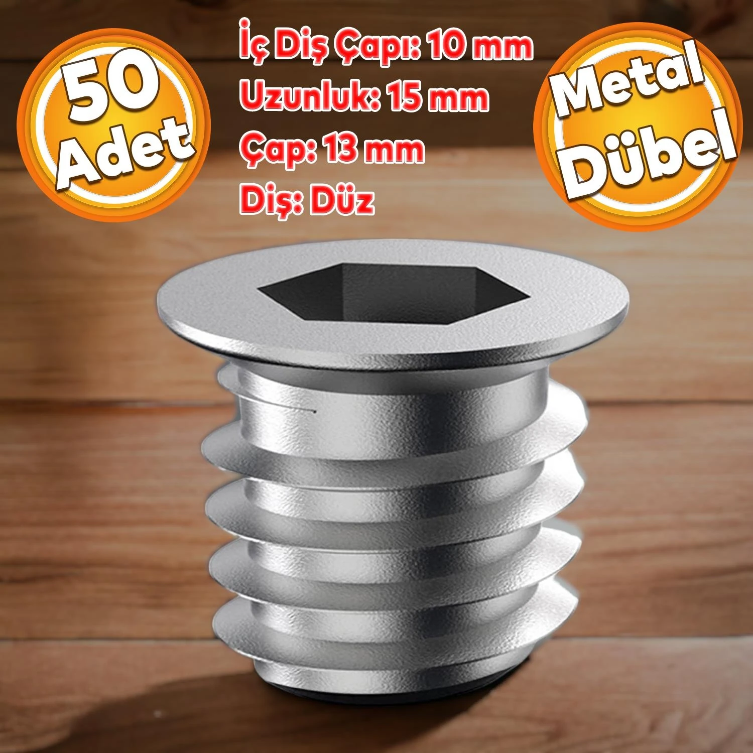 Metal Düz Dişli Dübel Ahşap Dübeli M10 13X15 Diş Çinko Mobilya Bağlantı Ünite Birleştirme (50 Adet)