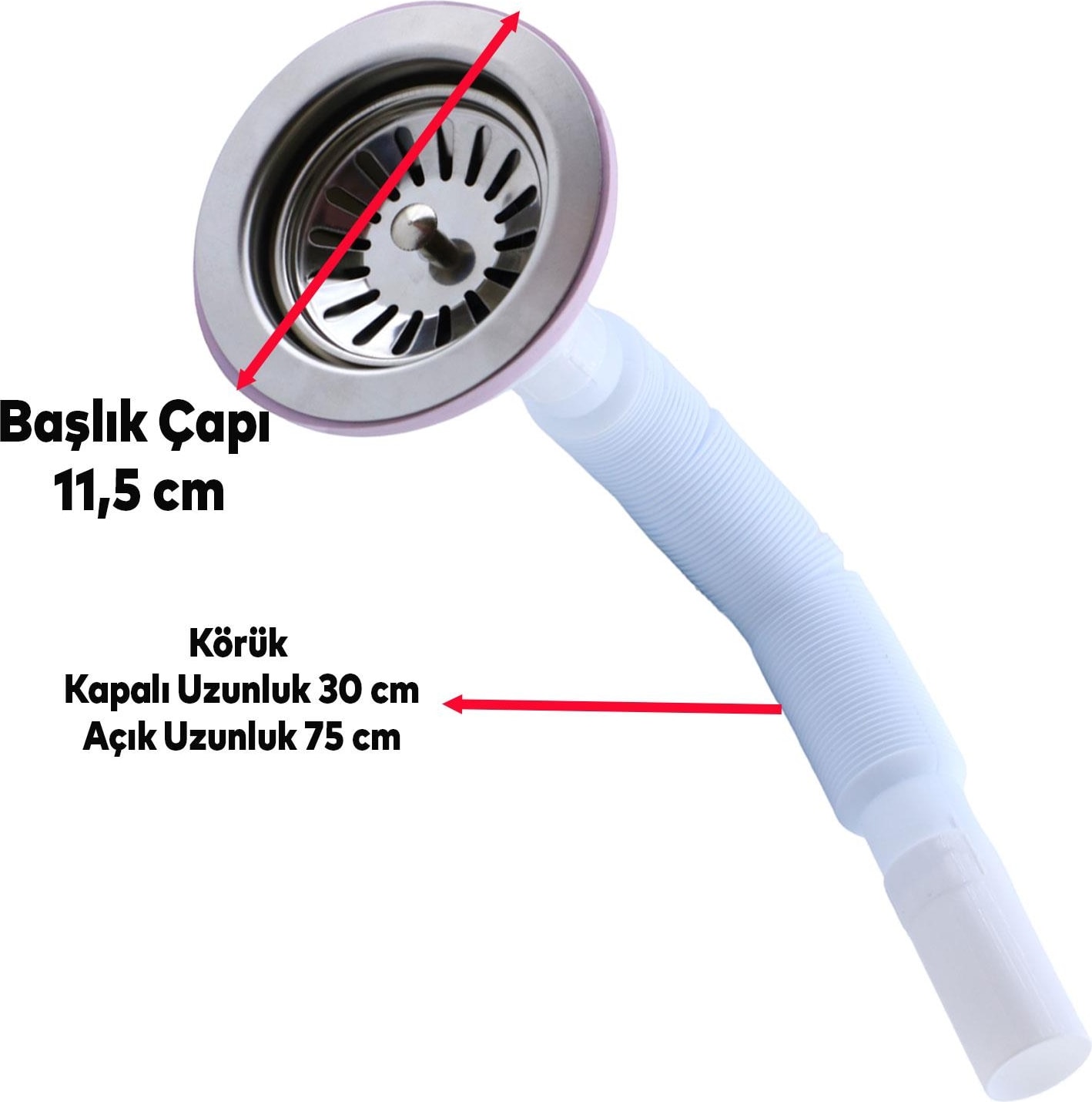 Çöpmak Körüklü Evye Lavabo Sifonu Gider Borusu Akordiyon Plastik Geniş Kafa Paslanmaz 30 -75 cm