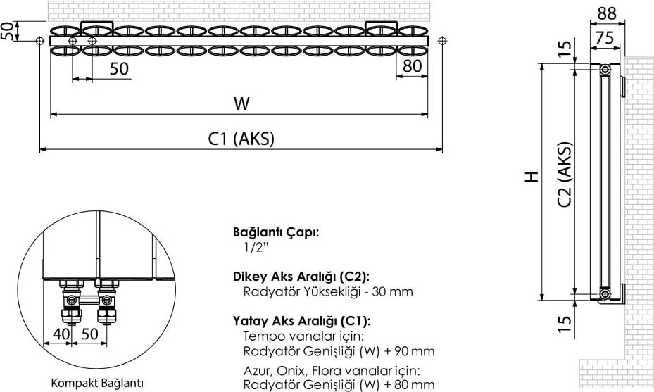 300 x 955 mm Lilac Yatay Antrasit Alüminyum Radyatör Standart Bağlantı