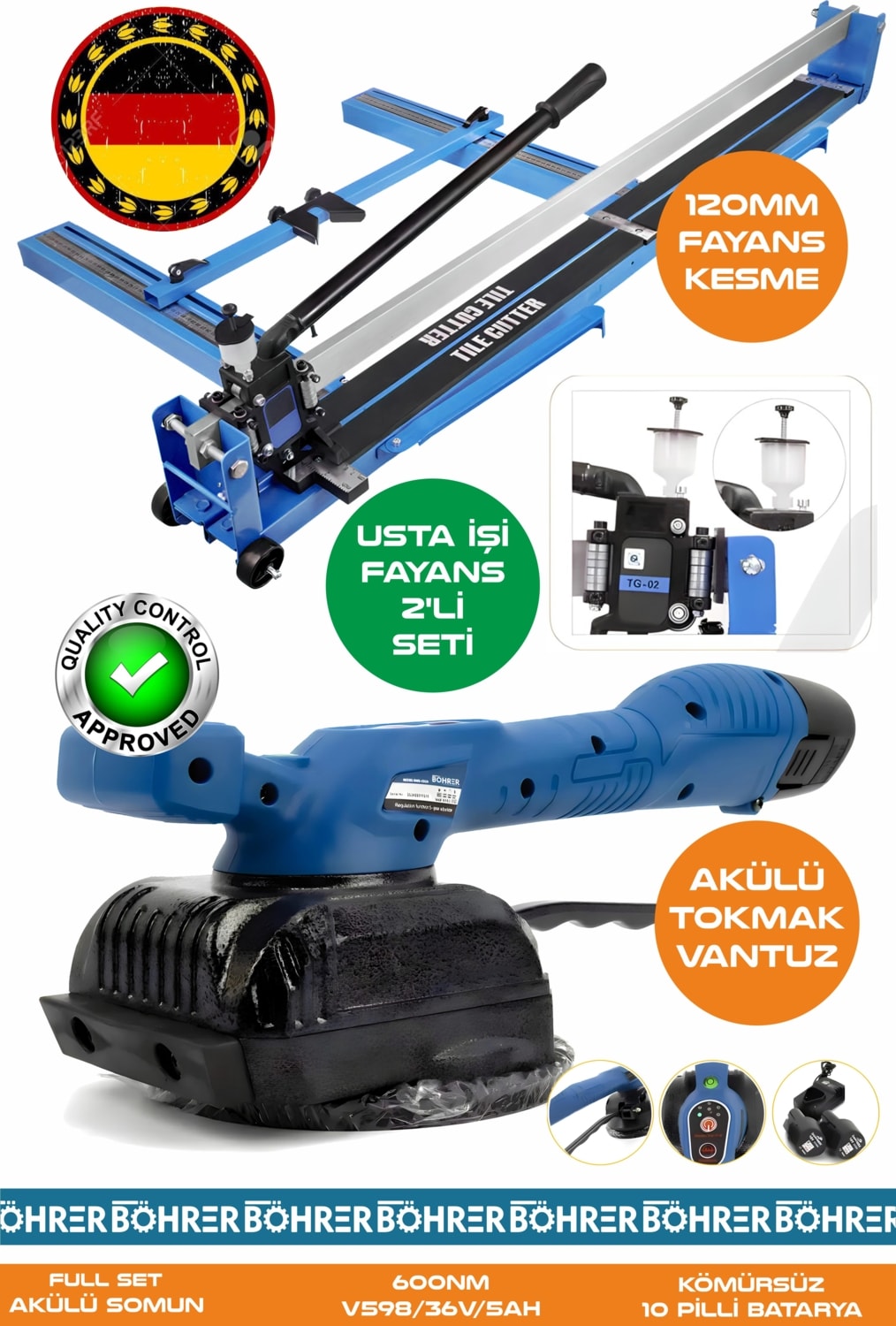 Alman Pro BA01078M 2'li Usta Fayans Seti - 120MM Lazerli Yağlı Süper Kesim Fayans Kesme + Titreşimli Kademeli Fayans Vantuz Tokmak Makinesi